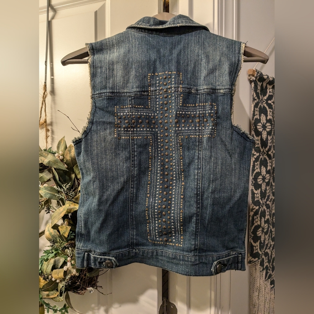 Small Chic Beaded Denim Vest Sapphire Ink w Cross